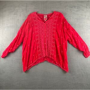 Johnny Was Red Boho Embroidered Tunic Top Floral Peasant Festival Blouse Size L